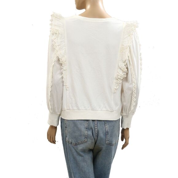 By Anthropologie Ruffle-Sleeve Lace Sweatshirt Top Eyelet Cotton SP New 284729 - Picture 5 of 7